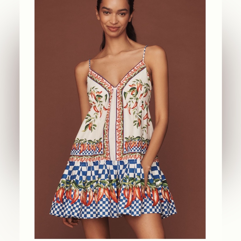 Farm Rio Picnic Peppers Ainika V-Neck Babydoll dress. Size L. MSRP $190